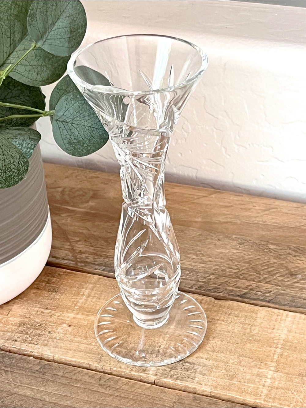 Vintage Hand Cut Lead Crystal Bud Vase Flared Pinwheel 8”